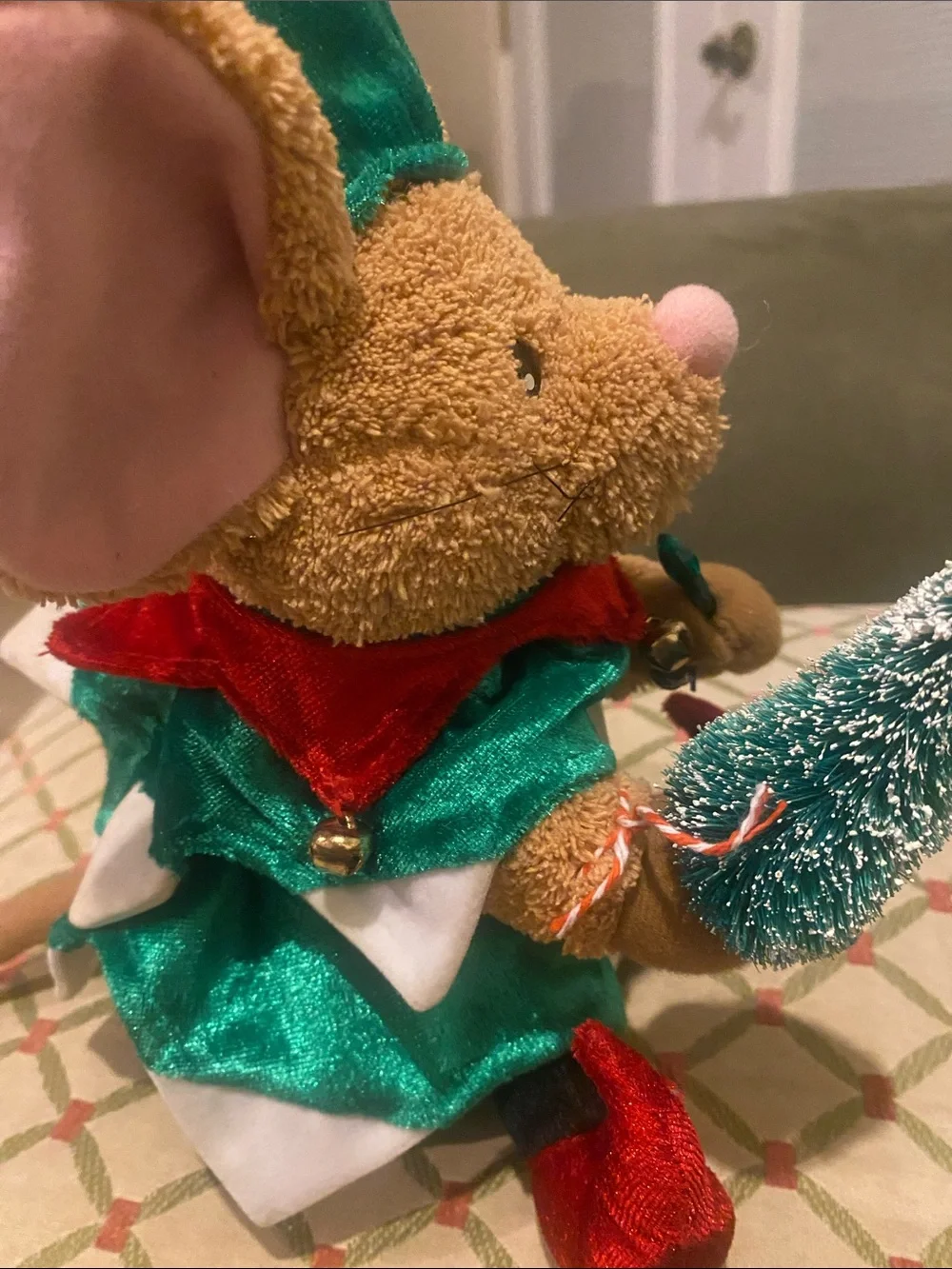 Plush Holiday Elf Mouse Small Pet Toy in Brown and Green